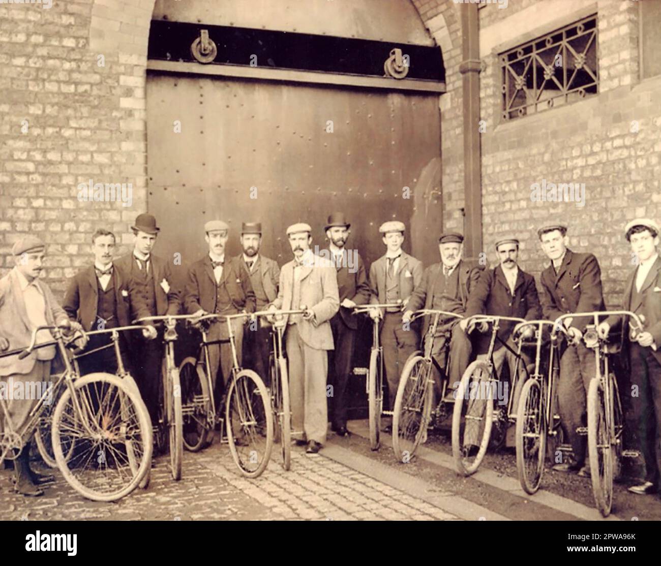 Vintage Bikes about 1900s, Old Fashioned Bicycles, Mens Biking Group Stock Photo