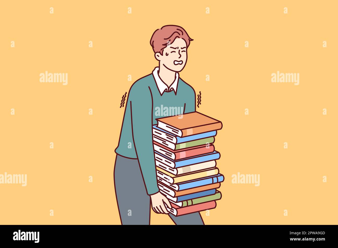 Exhausted man carries large stack of books suffering from overload while preparing for exams Stock Vector