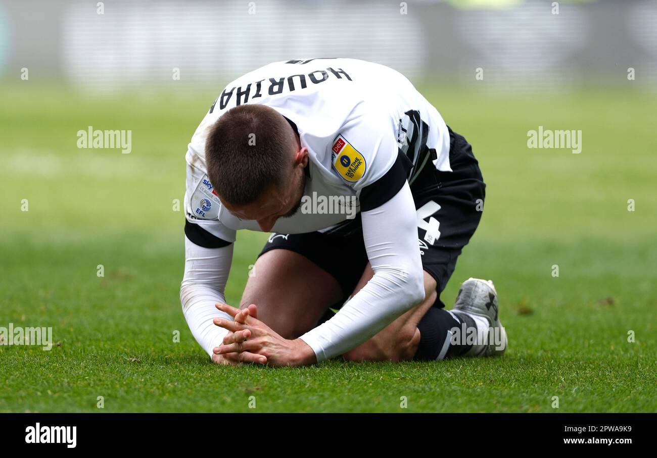 Derby County's Conor Hourihane appears jurt during the Sky Bet League One match at Pride Park, Derby. Picture date: Saturday April 29, 2023. Stock Photo