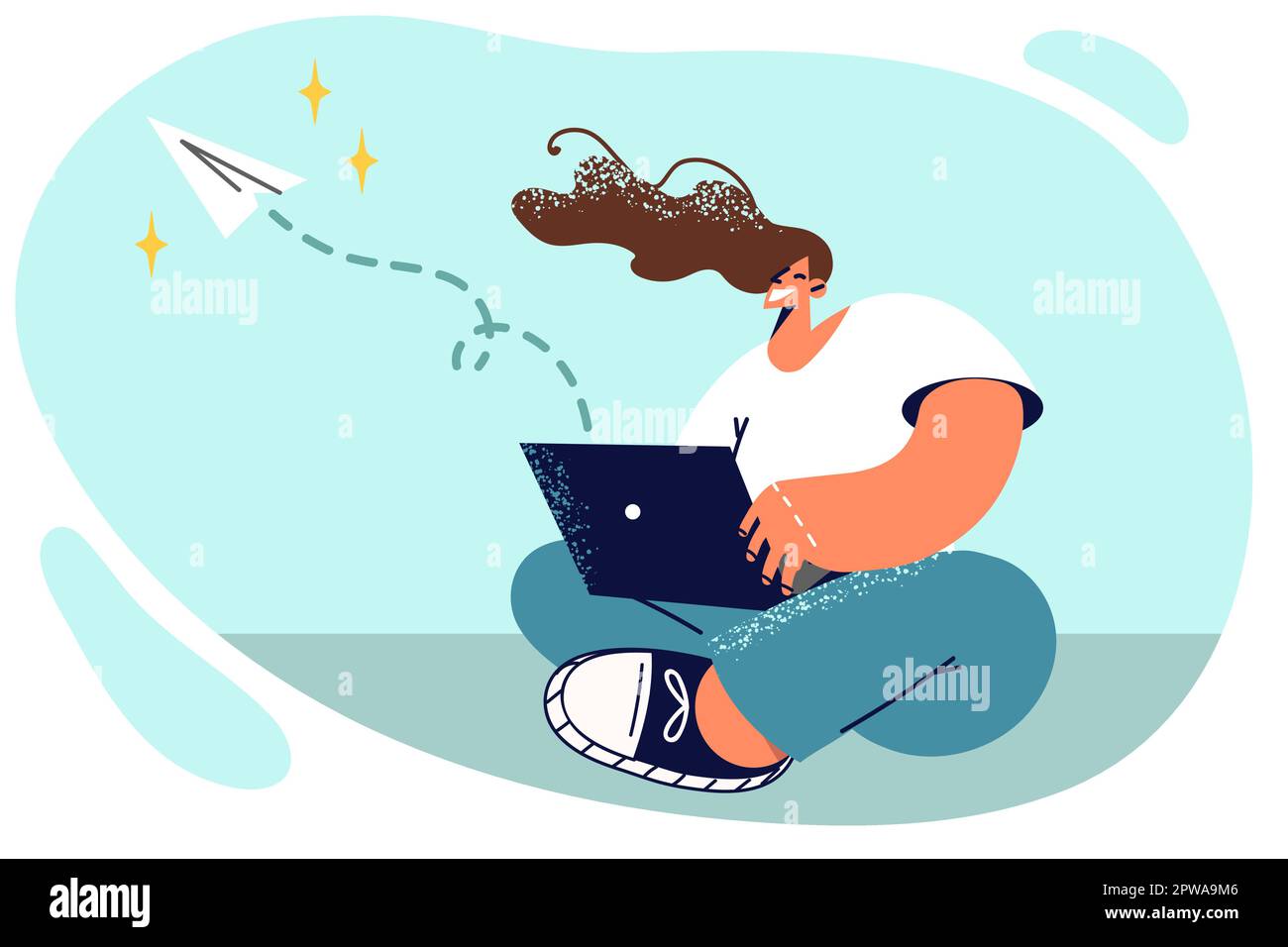 Woman sits on floor with laptop on lap working as copywriter writing mailing letters Stock Vector