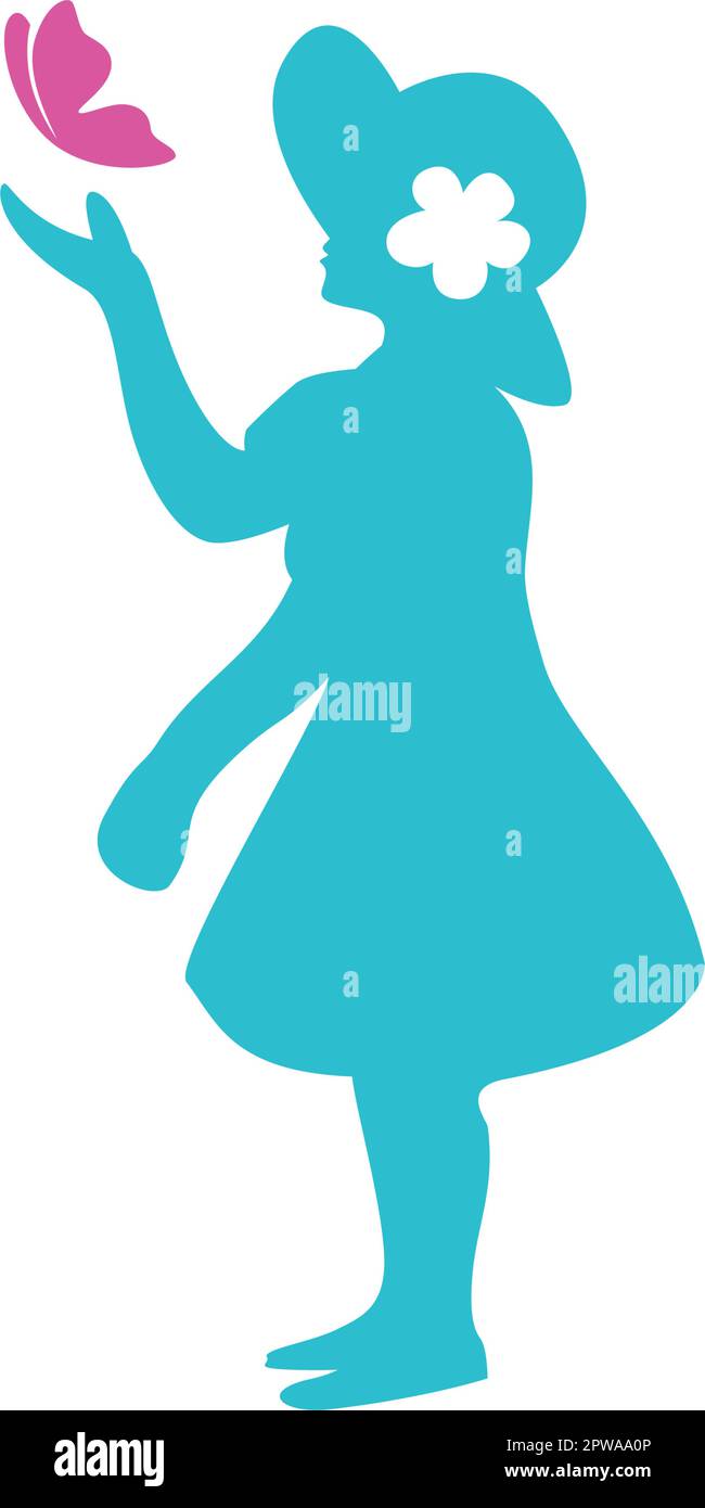 A Girl Playing with Butterfly visualized with Silhouette Style Stock Vector