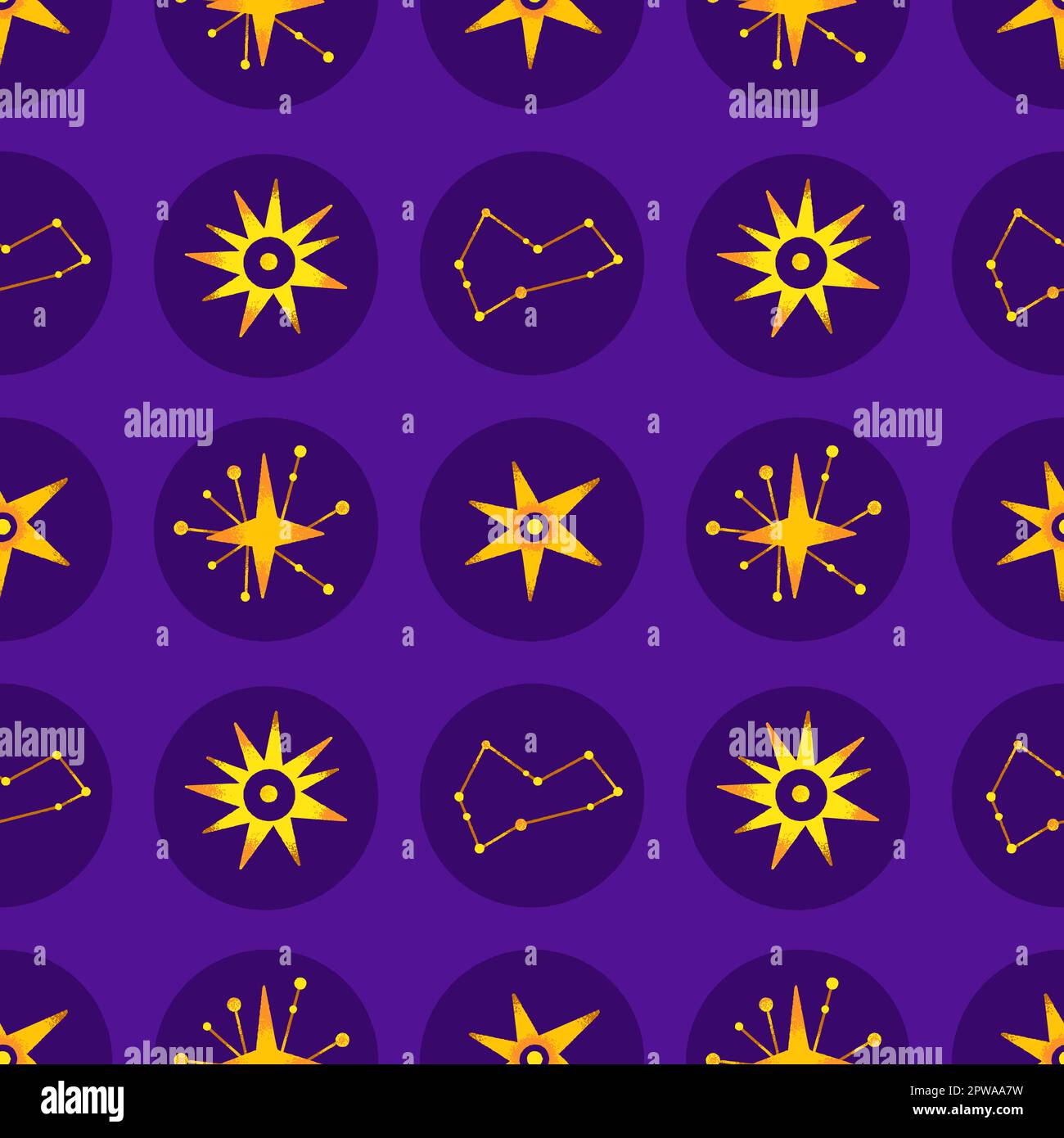 Vector seamless cosmic pattern of constellations and stars in circles on dark purple background. Repeating celestial design. Abstract space. Astronomy, astrology, esotericism. Wrapping papper, textile Stock Vector