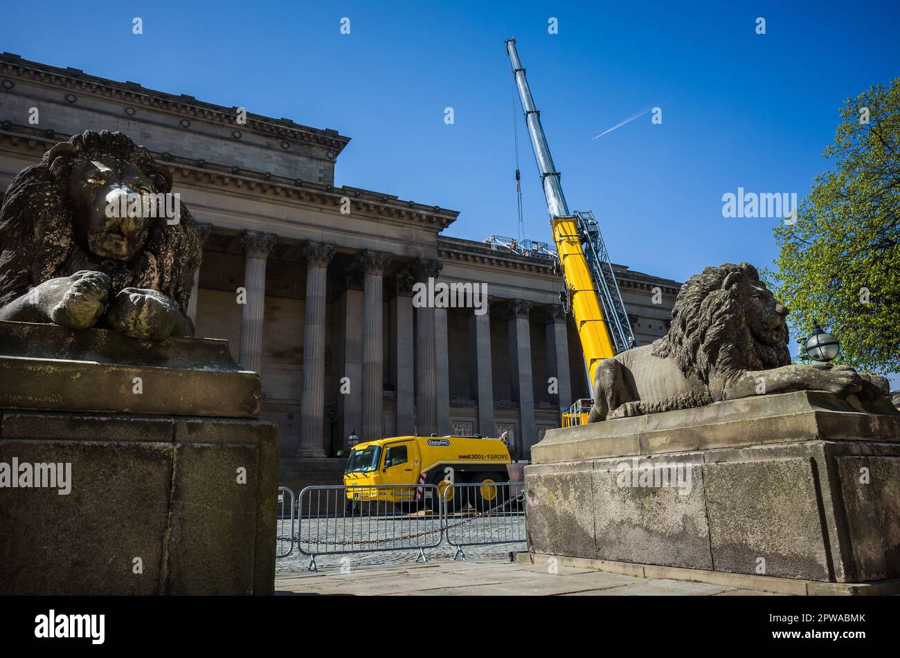 A large crane used in preparations for the 2023 Eurovision song contest in Liverpool, Uk. Stock Photo