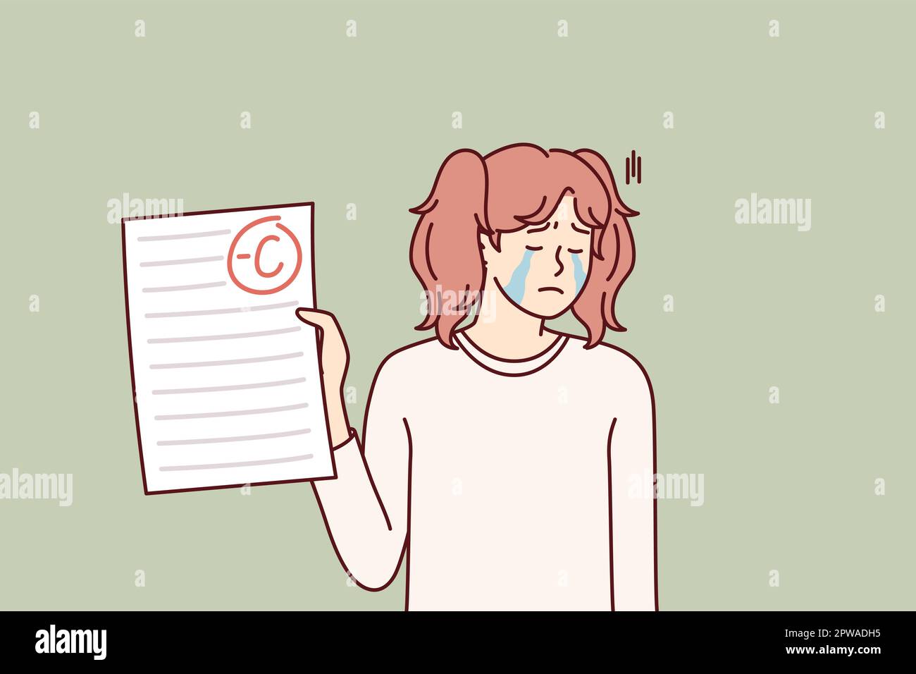 Unhappy crying teenage girl depressed because of negative mark on test or exam paper Stock Vector