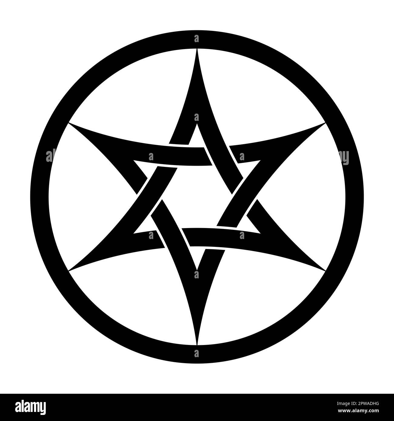 Hexagram with interlaced curved arcs, a six pointed star in a circle frame. Two interwoven arched triangles, based on the Seal of Solomon. Stock Photo
