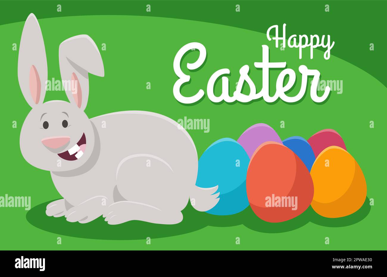 cartoon Easter bunny with painted eggs greeting card Stock Vector Image ...