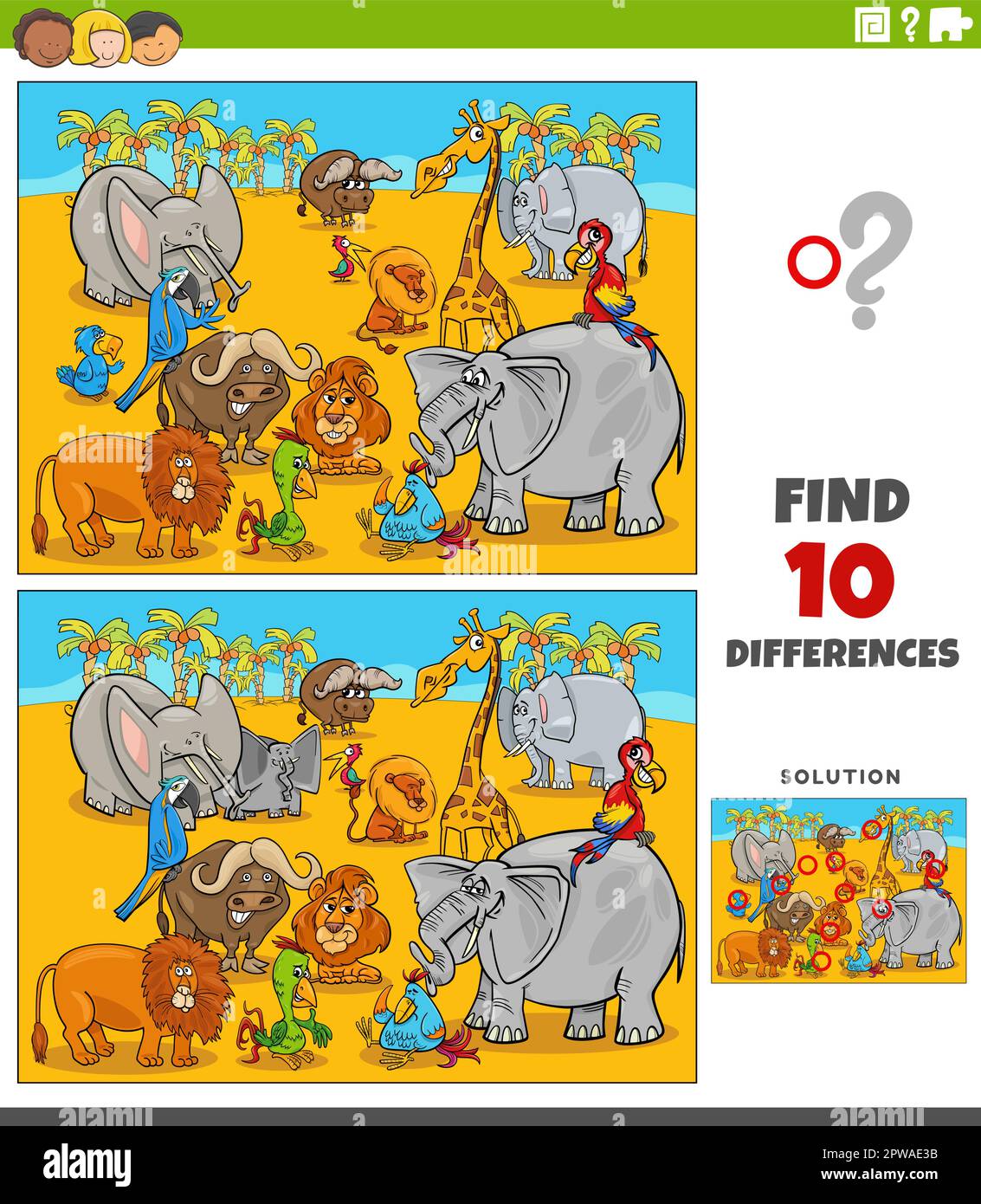 differences game with cartoon Safari animal characters Stock Vector ...