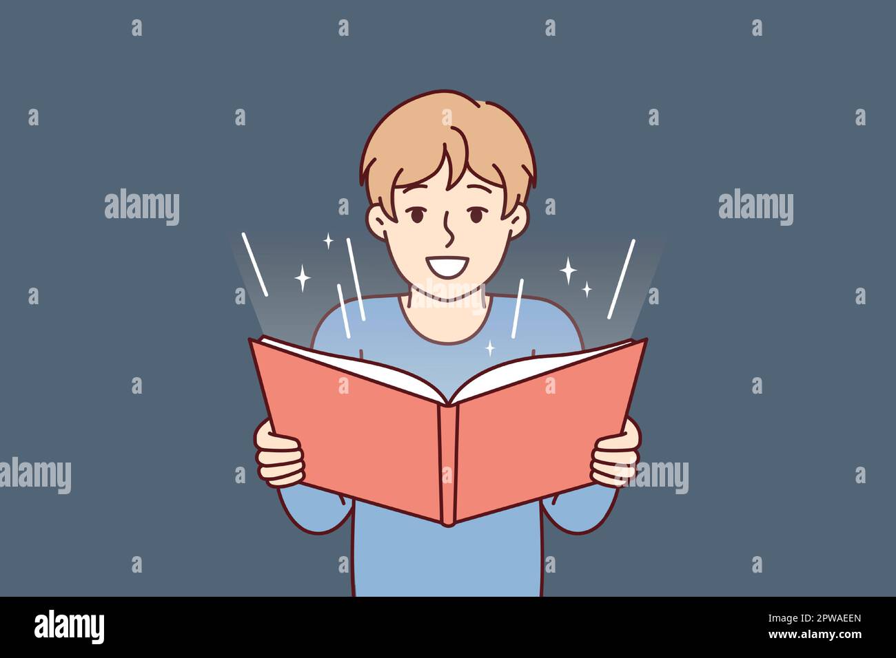Boy before adolescence with open book in hands reads fairy tale or comics with interest Stock Vector