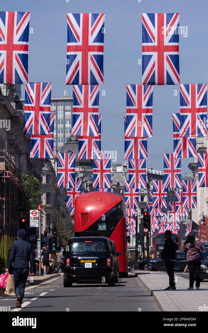 Union Jack flags hang along Regent Street ahead of the King Charles III