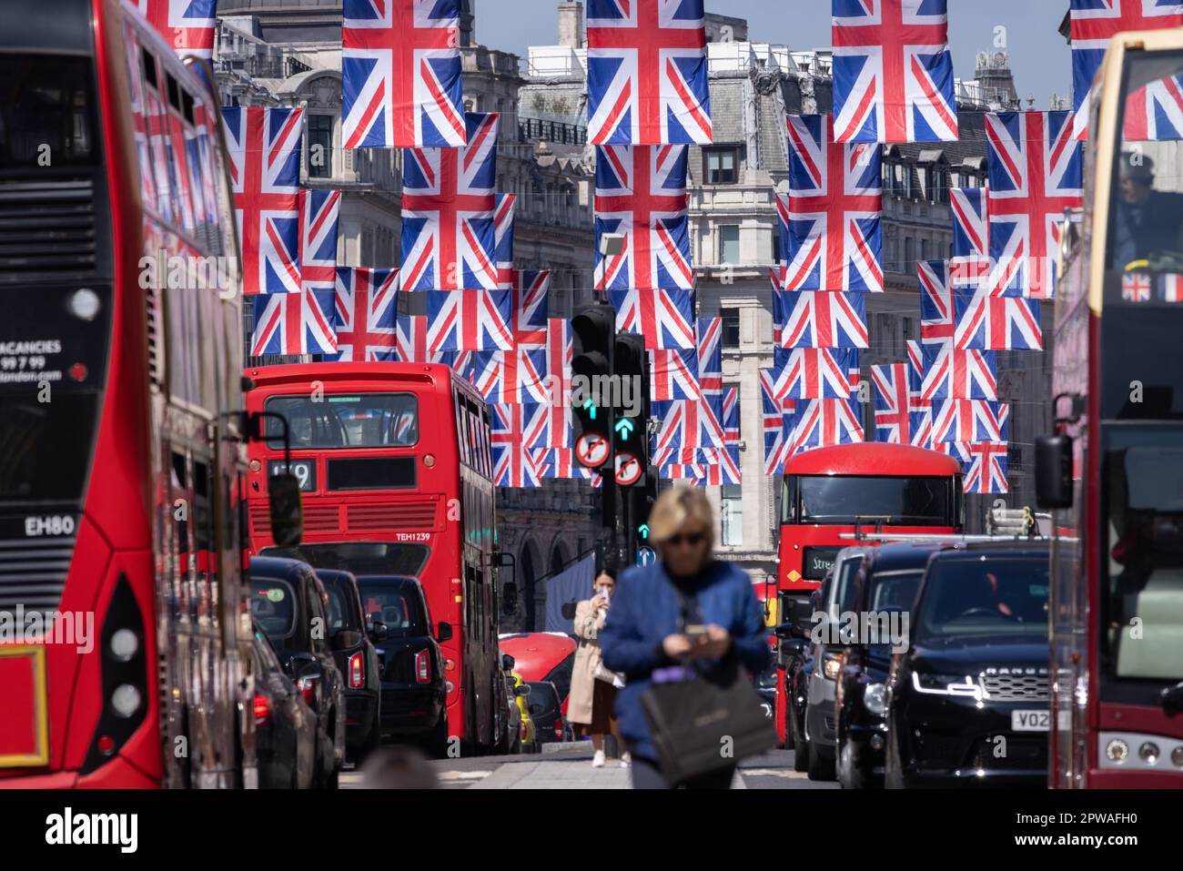 Union Jack flags hang along Regent Street ahead of the King Charles III