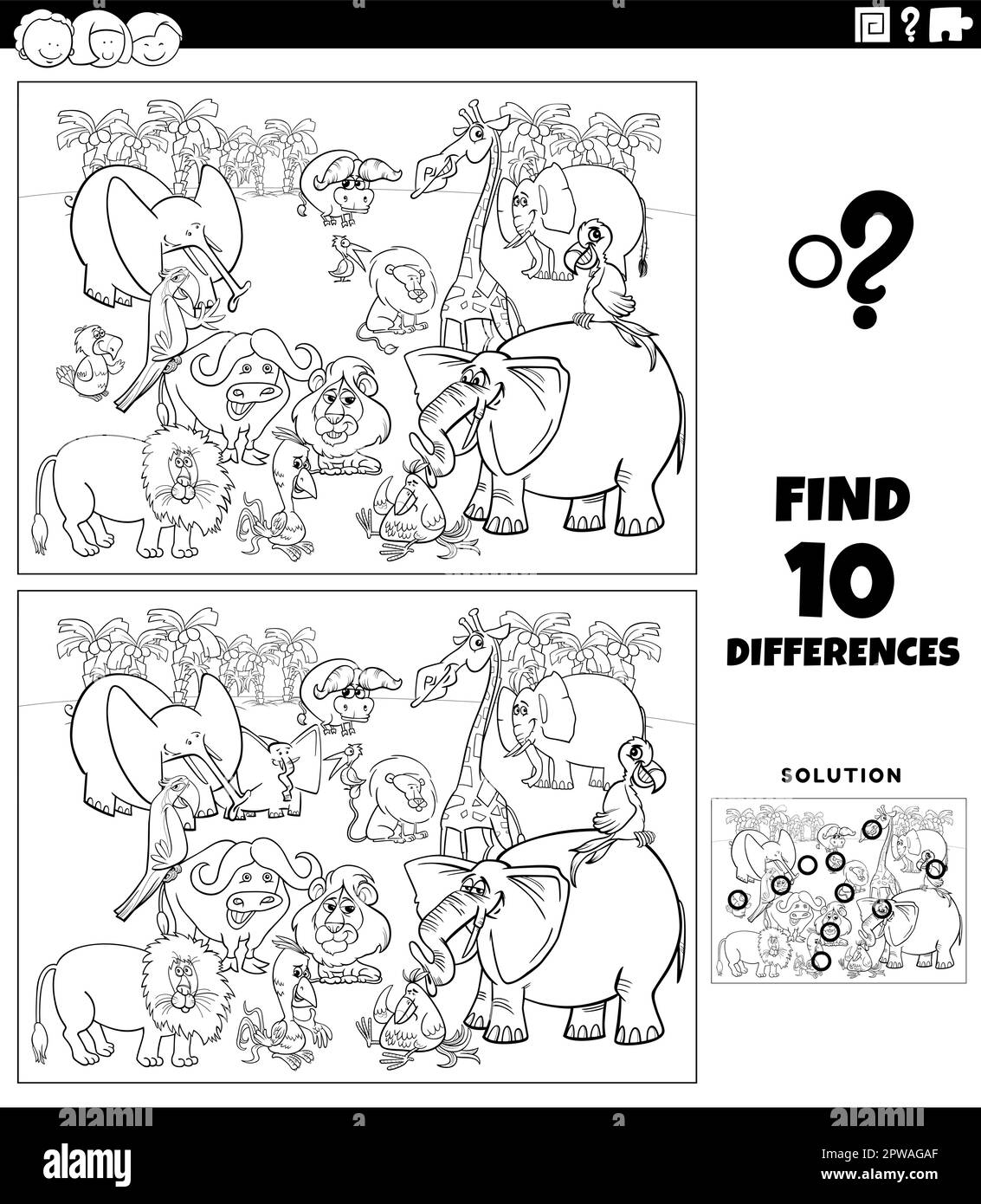 differences game with cartoon Safari animals coloring page Stock Vector ...