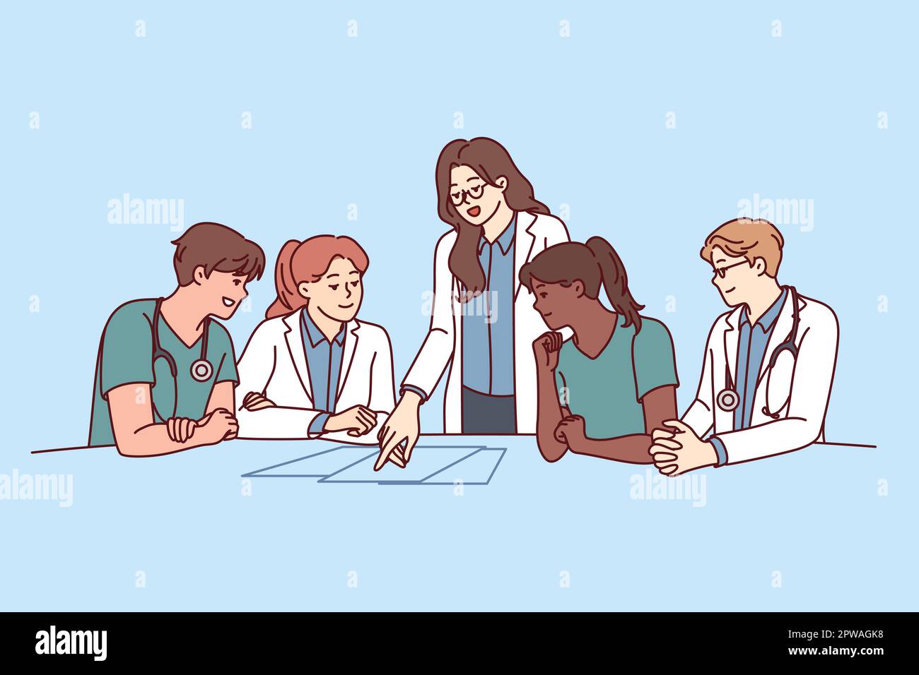 Clinic staff meeting, with doctors sitting at table and head physician giving instructions Stock Vector