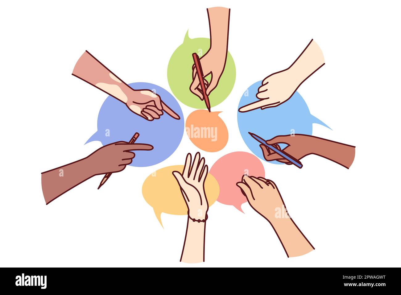 Hands of diverse people near dialogue clouds metaphor collective communication in instant messengers Stock Vector