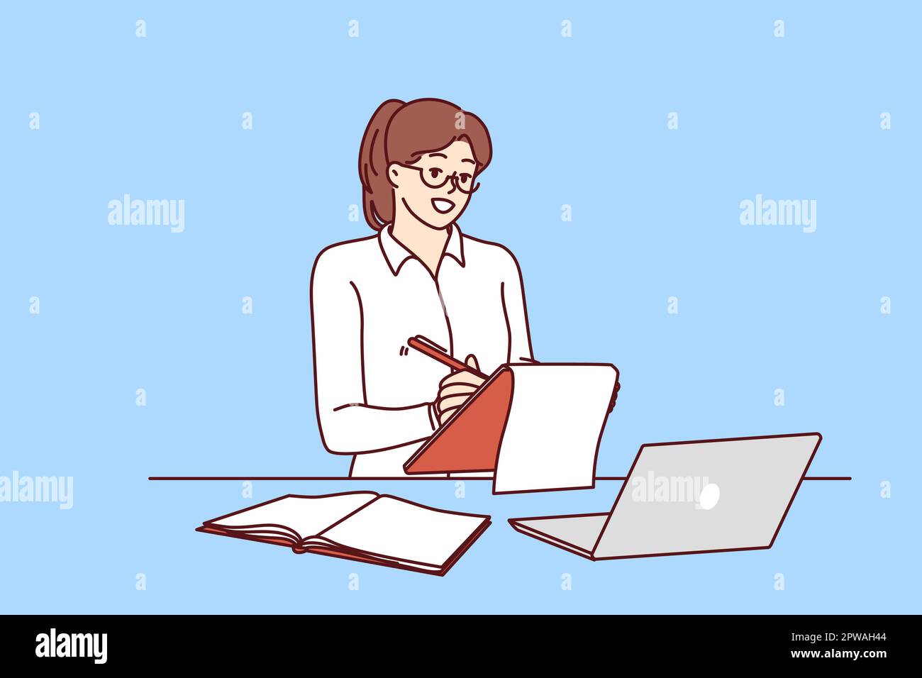 Successful businesswoman or freelancer girl working via Internet is at workplace with laptop Stock Vector