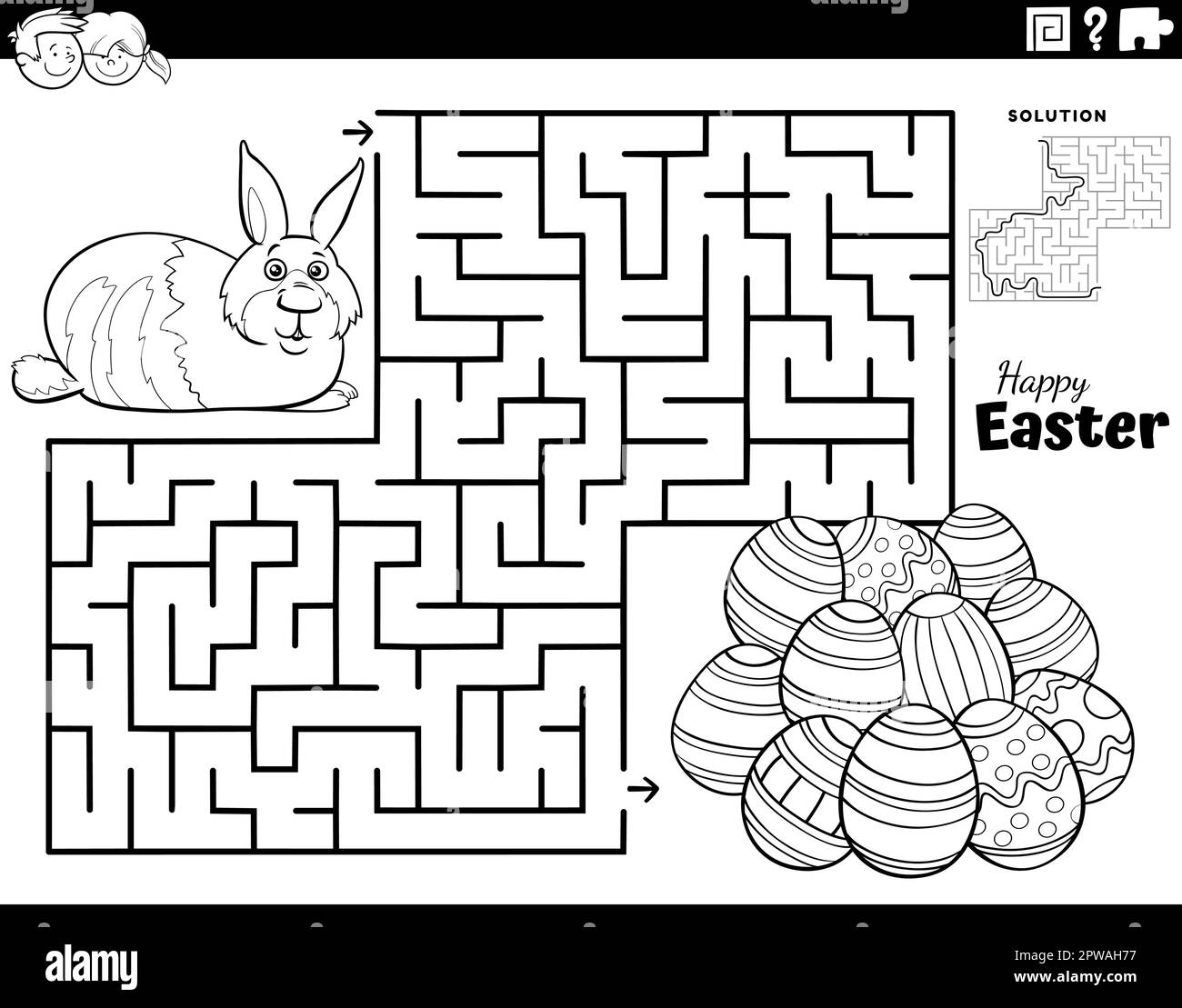 maze with Easter Bunny and Easter eggs coloring page Stock Vector