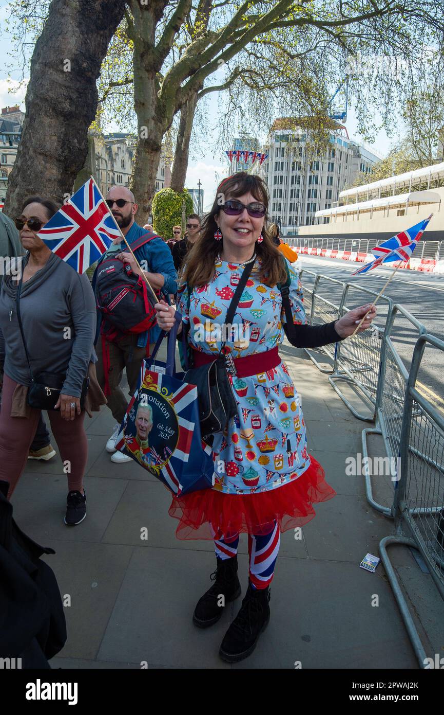 London, UK. 29th April, 2023. Royal super fans are starting to arrive in London. It was a busy day in London today as the preparations for the Coronation of King Charles III are well underway. It is now just a week until the Coronation and London is expected to be very busy with tourists and visitors. Credit: Maureen McLean/Alamy Live News Stock Photo