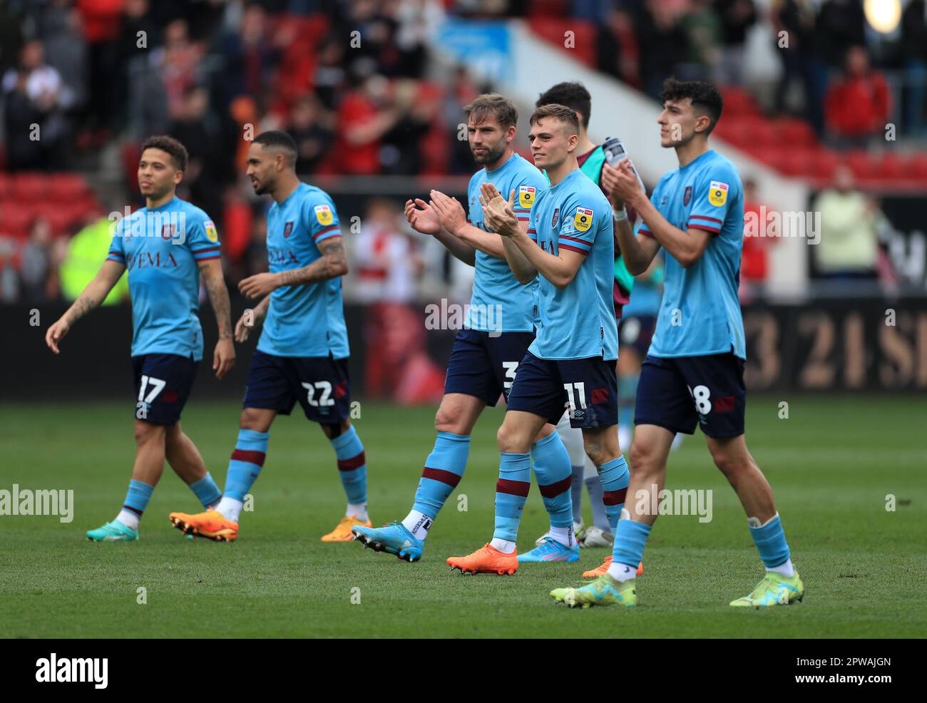 Burnley's Scott Twine (11) and teammates applaud the fans after the