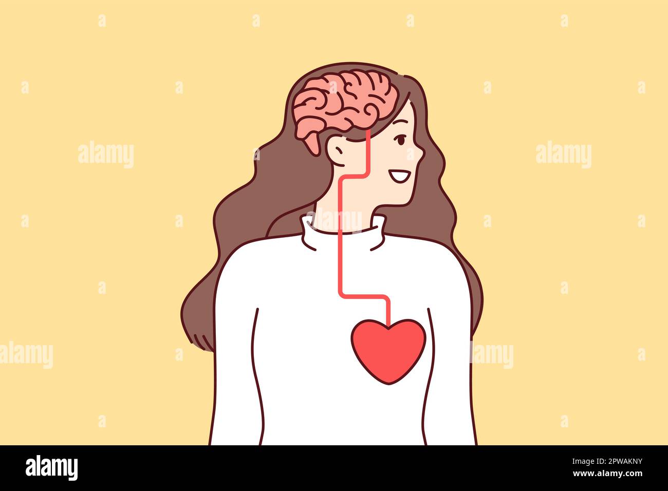 Woman looking away with visual demonstration of connection between brain and heart Stock Vector