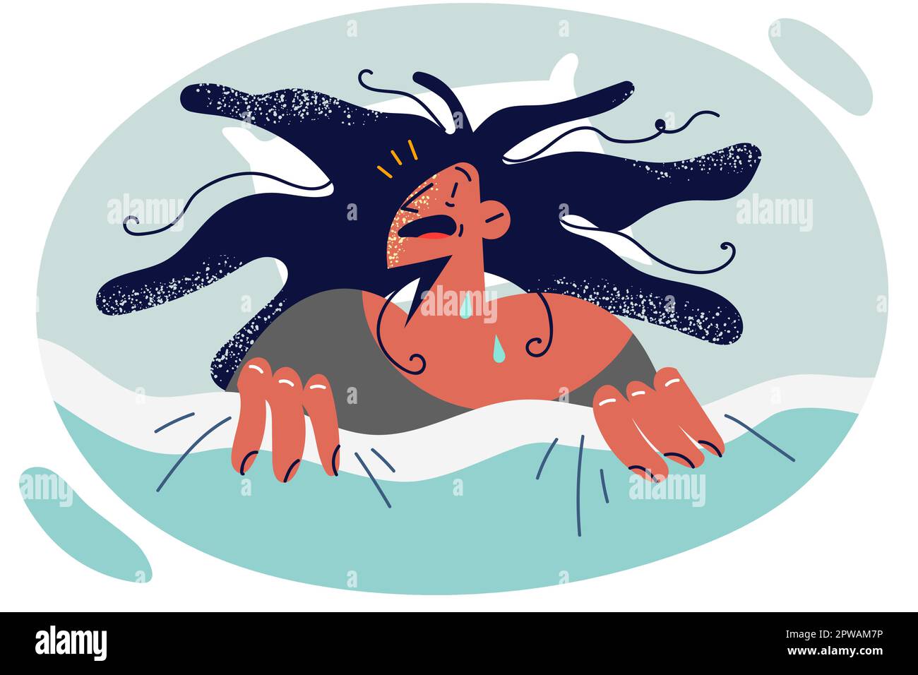Woman with disheveled hair lies on bed and cannot fall asleep due to insomnia after nightmare Stock Vector