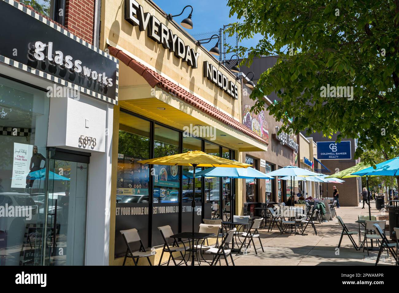Restaurants and businesses along Forbes Avenue in the Squirrel Hill neighborhood in Pittsburgh, Pennsylvania, USA Stock Photo