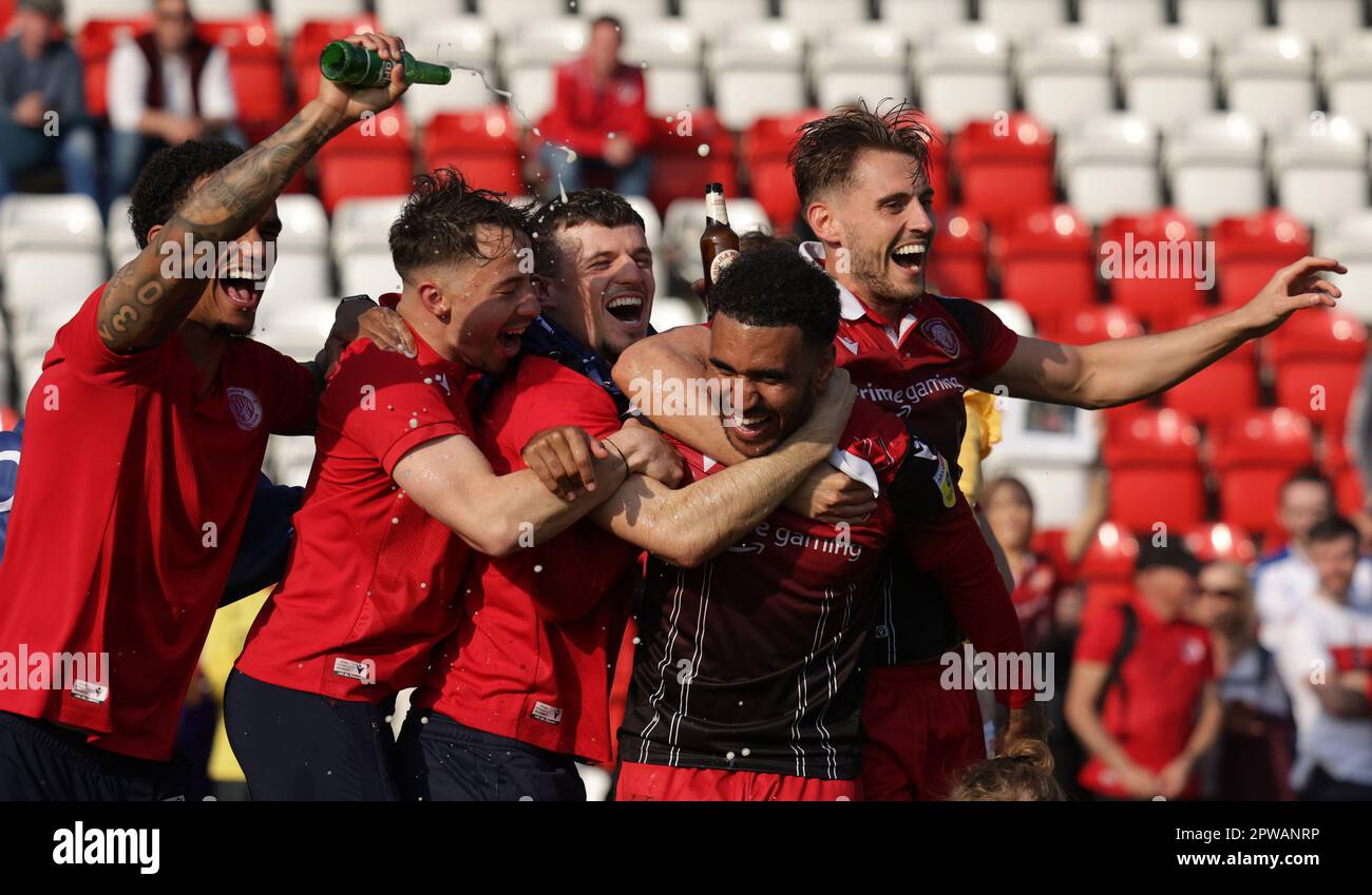 Stevenage's Terence Vancooten celebrates with Kane Smith, Jamie Reid and Danny Rose after the Sky Bet League Two match at the Lamex Stadium, Stevenage. Picture date: Saturday April 29, 2023. Stock Photo