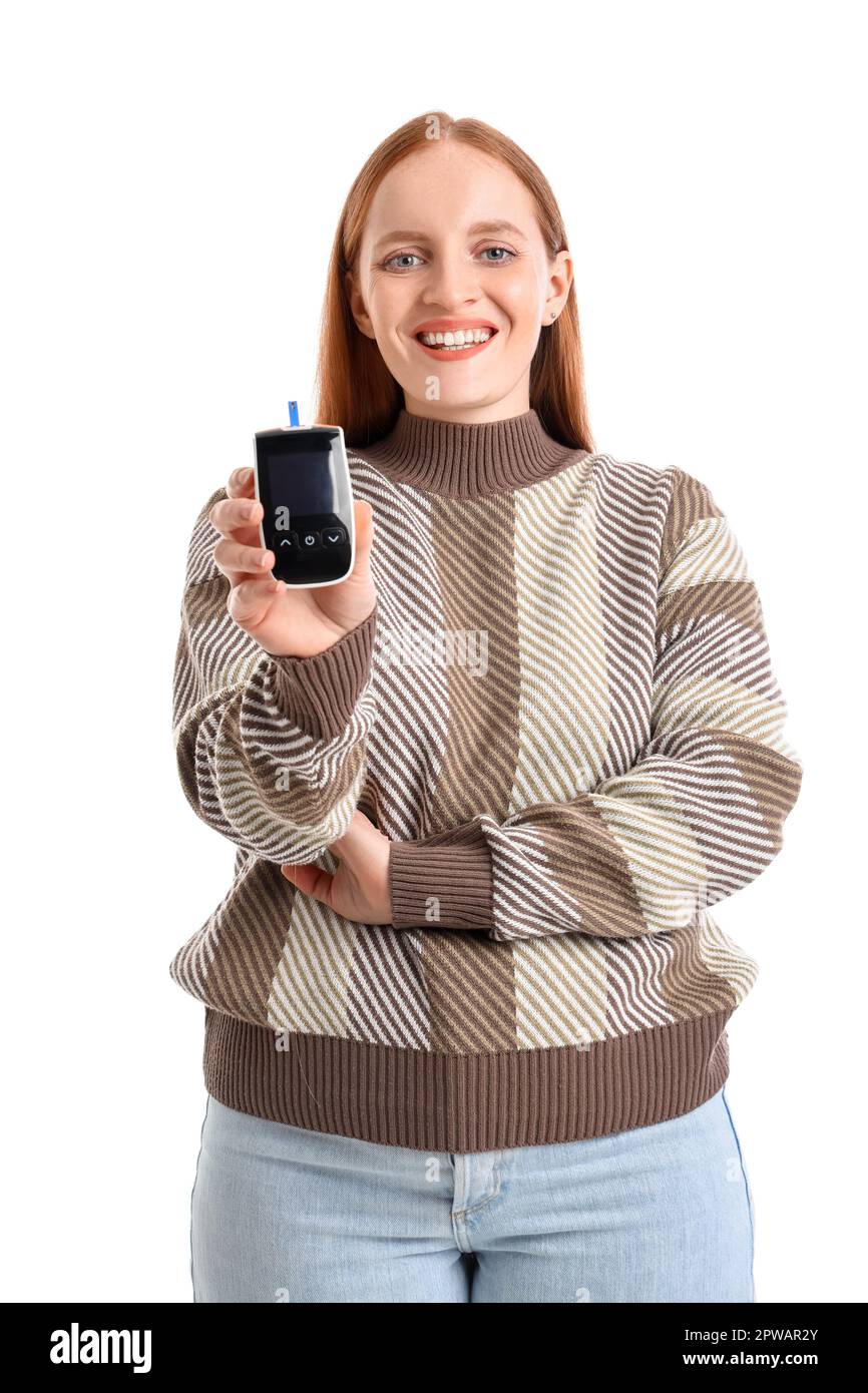 Woman Using Glucometer Woman with diabetes using digital glucometer on white background Stock ...