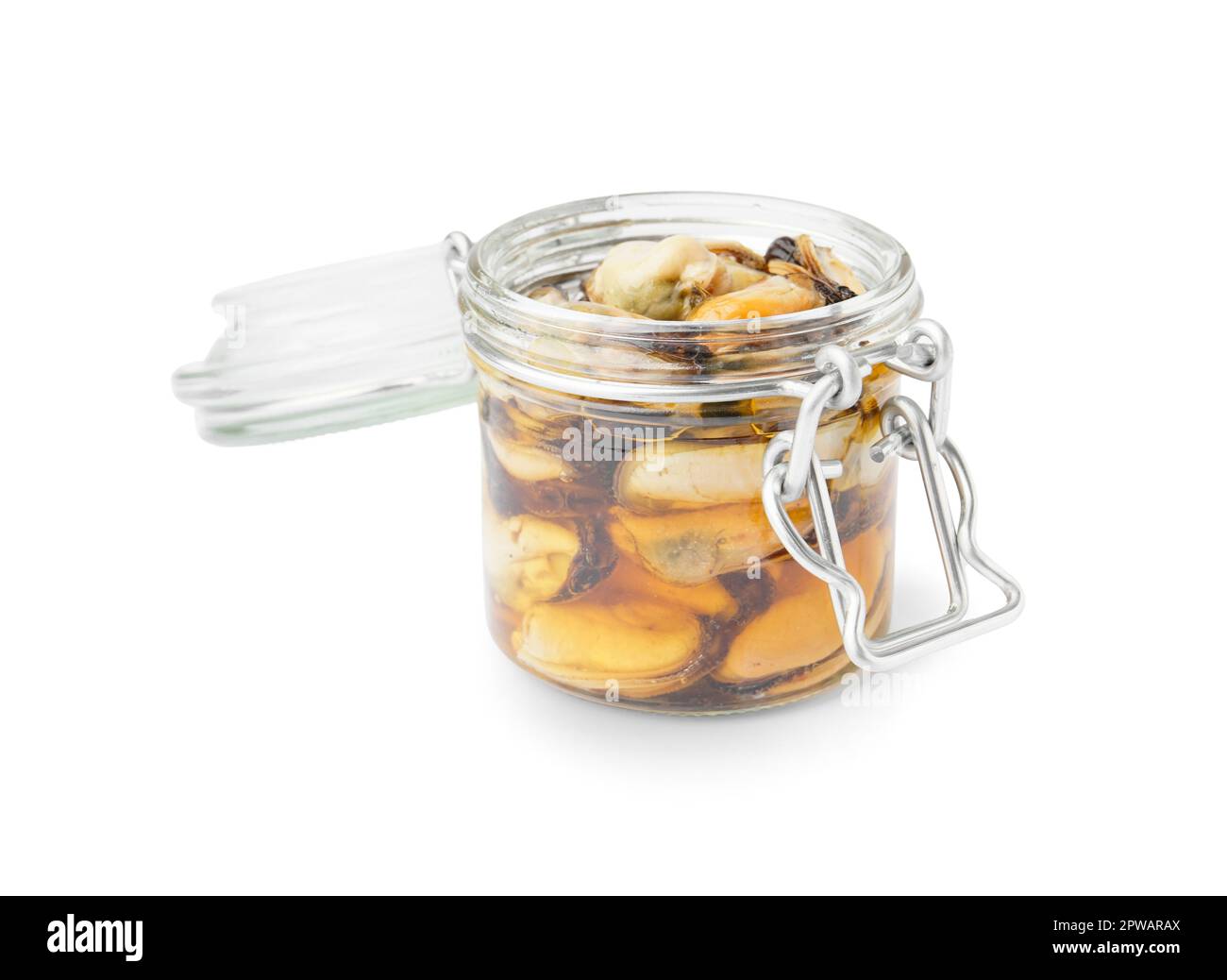 Marinated mussels in open jar on white background Stock Photo Alamy