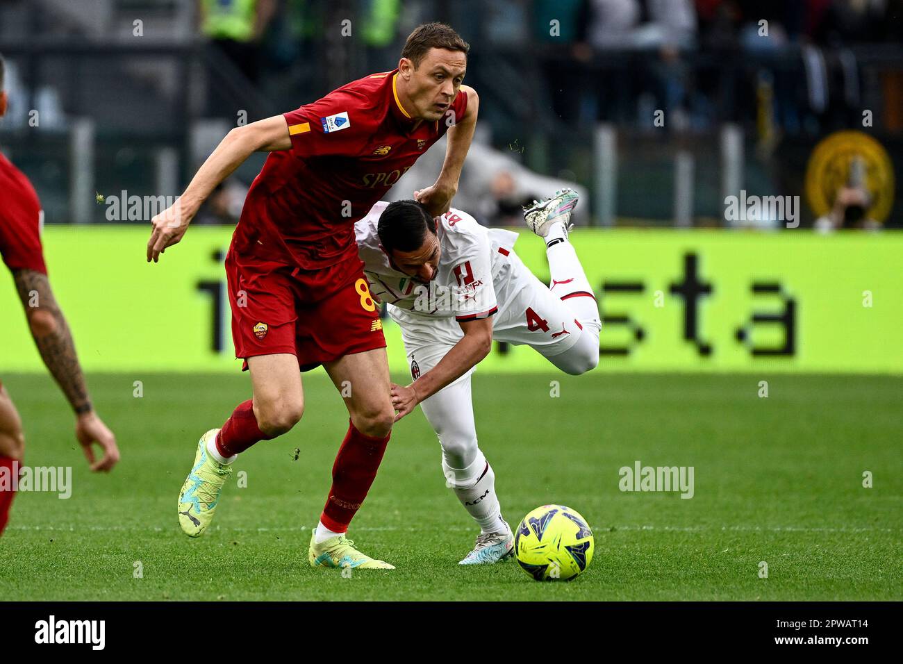 Rome, Italy. 29th Apr, 2023. Nemanja Matic of AS Roma and Ismael Bennacer of AC Milan compete for the ball during the Serie A football match between AS Roma and AC Milan at Olimpico stadium in Rome (Italy), April 29th, 2023. Credit: Insidefoto di andrea staccioli/Alamy Live News Stock Photo