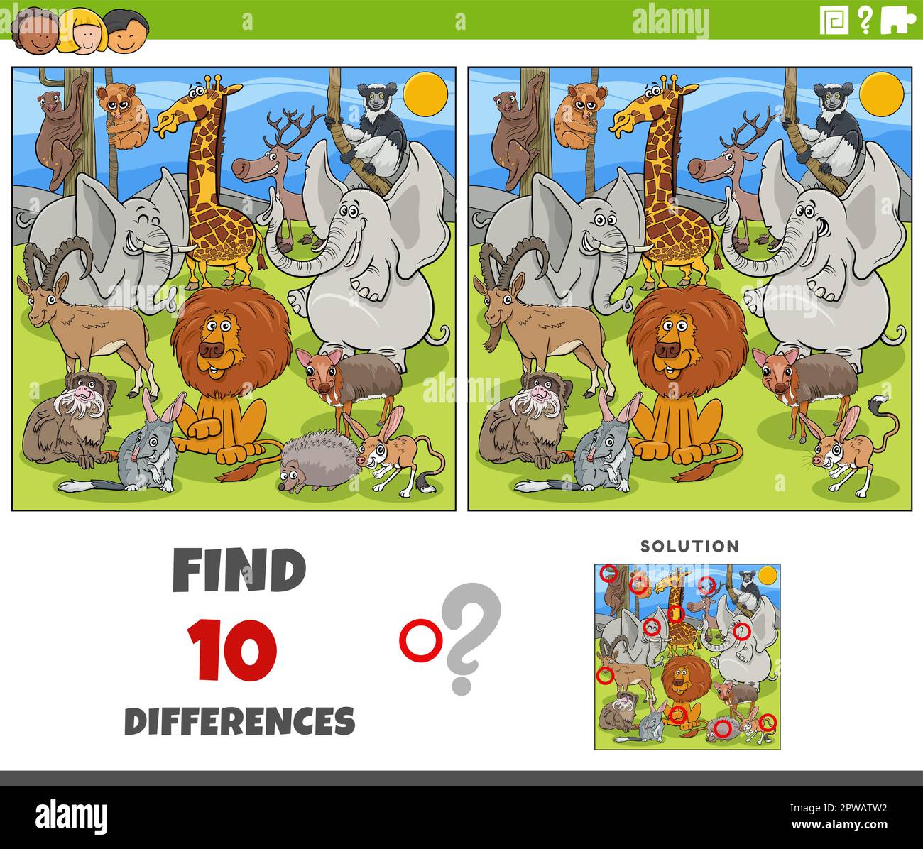 differences game with cartoon wild animal characters Stock Vector Image ...