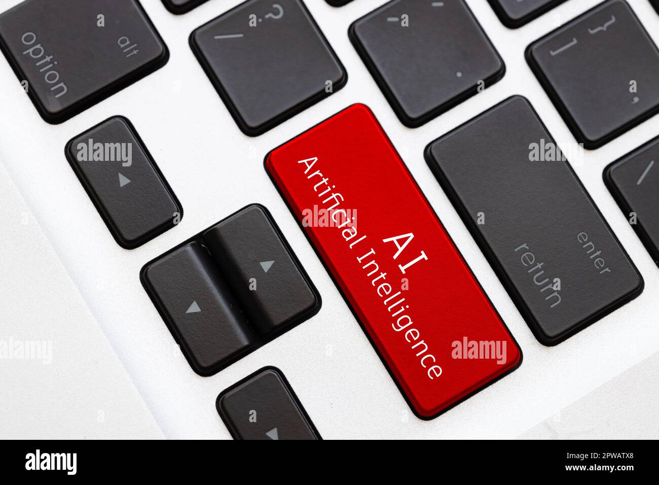 AI - Artificial Intelligence word text on computer keyboard. Auto smart chat in business working technology concept. Stock Photo