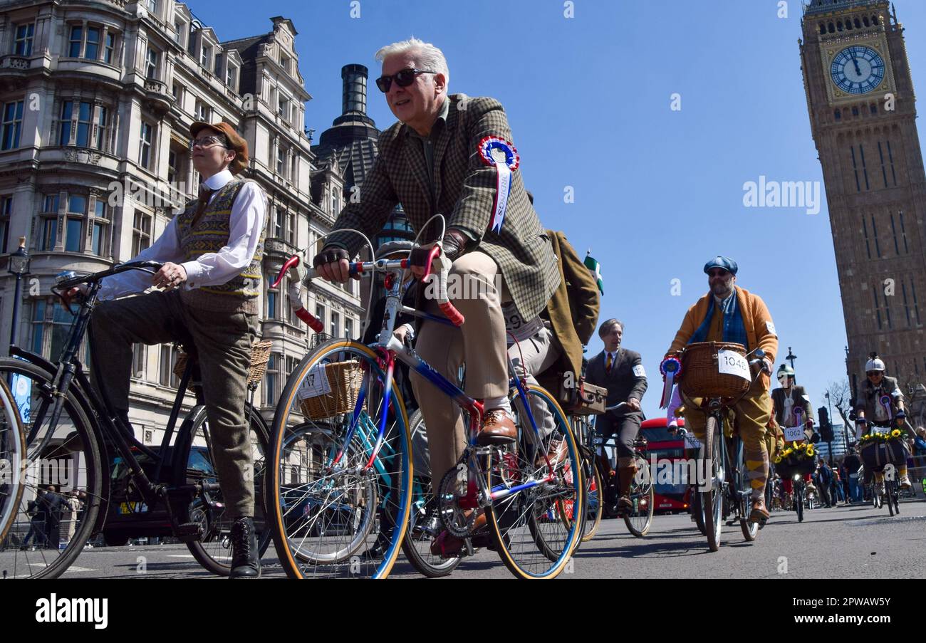 London, England, UK. 29th Apr, 2023. Participants in The Tweed Run, a group of cyclists dressed in traditional British clothing, particularly tweed, pass through Parliament Square. (Credit Image: © Vuk Valcic/ZUMA Press Wire) EDITORIAL USAGE ONLY! Not for Commercial USAGE! Credit: ZUMA Press, Inc./Alamy Live News Stock Photo