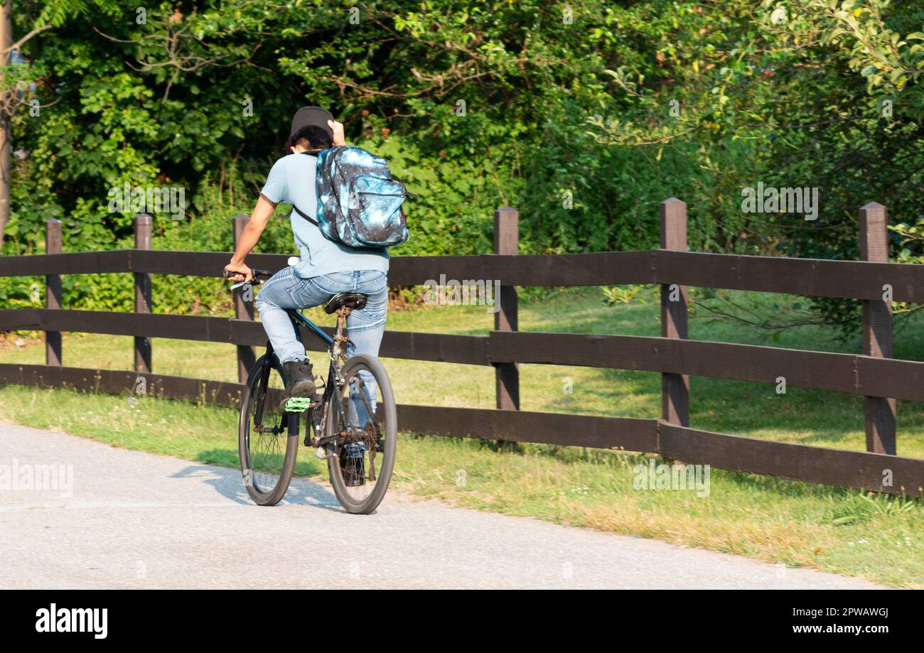 Rear view of man riding bike cycle bicycle hi-res stock photography and ...