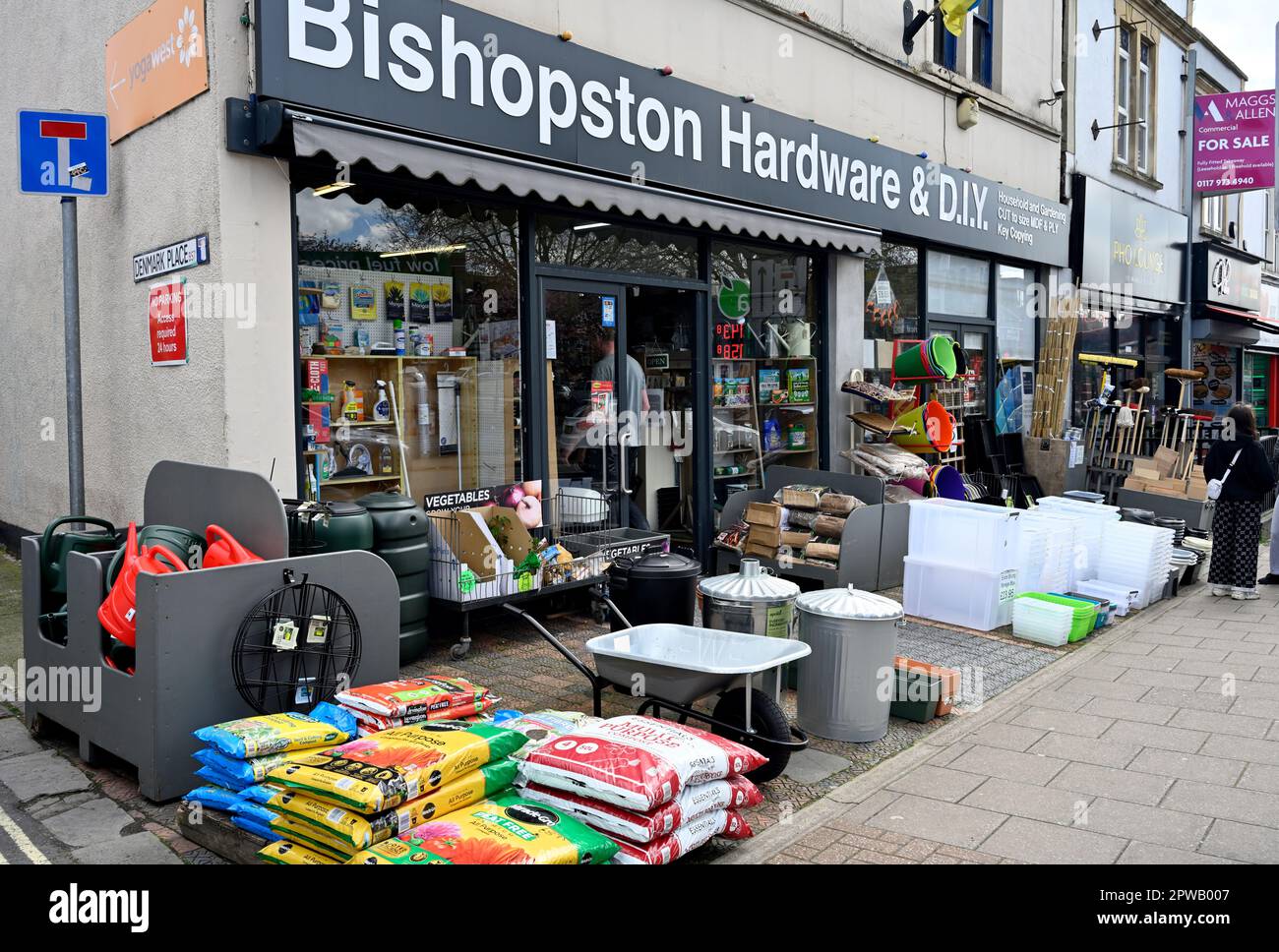 High street independent hardware and DIY store with displays on pavement outside, Bristol, UK Stock Photo
