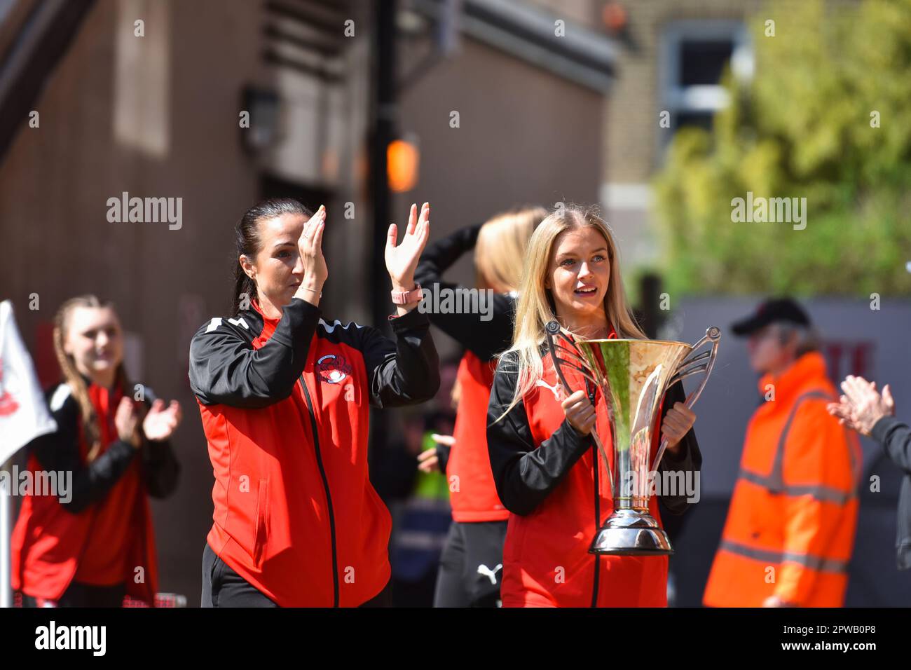 Leyton Orient women's team during lap of honour with Greater London Women's Football League Division One North trophy during the Sky Bet League 2 match between Leyton Orient and Stockport County at the Matchroom Stadium, London on Saturday 29th April 2023. (Photo: Ivan Yordanov | MI News) Credit: MI News & Sport /Alamy Live News Stock Photo