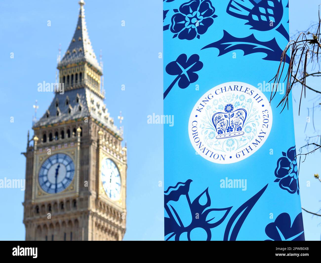 Banners in London announcing coronation of the King Charles III on the 6th of May, 2023 Stock Photo