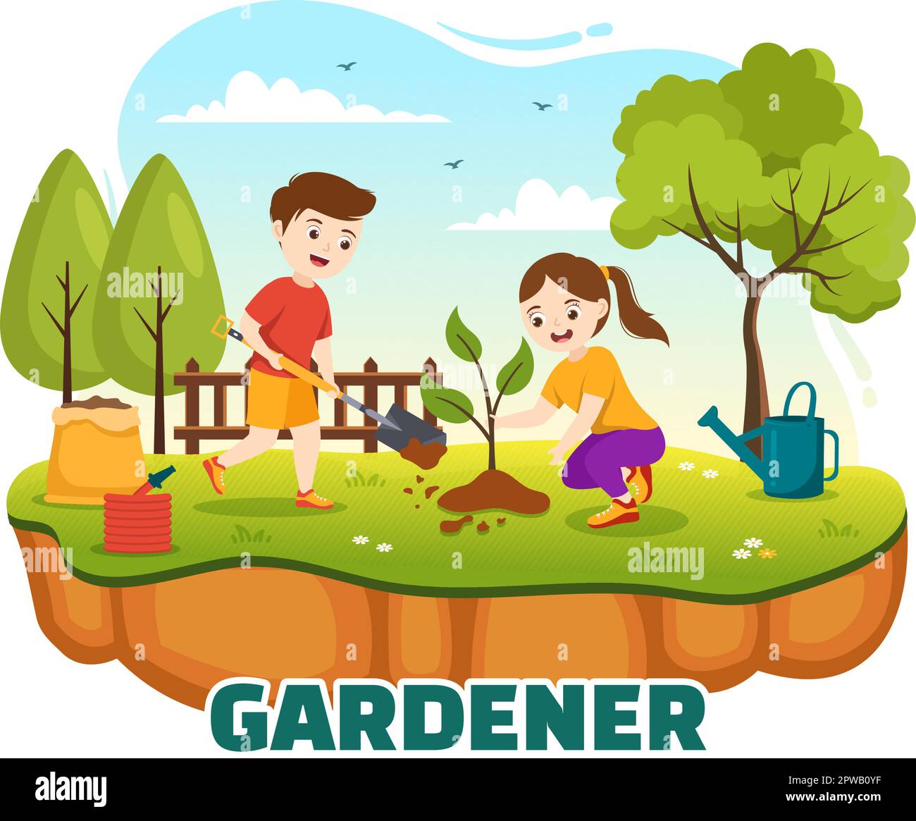 https://c8.alamy.com/comp/2PWB0YF/gardener-illustration-with-kids-garden-tools-farming-grows-vegetables-in-botanical-summer-gardening-cartoon-hand-drawn-for-landing-page-templates-2PWB0YF.jpg