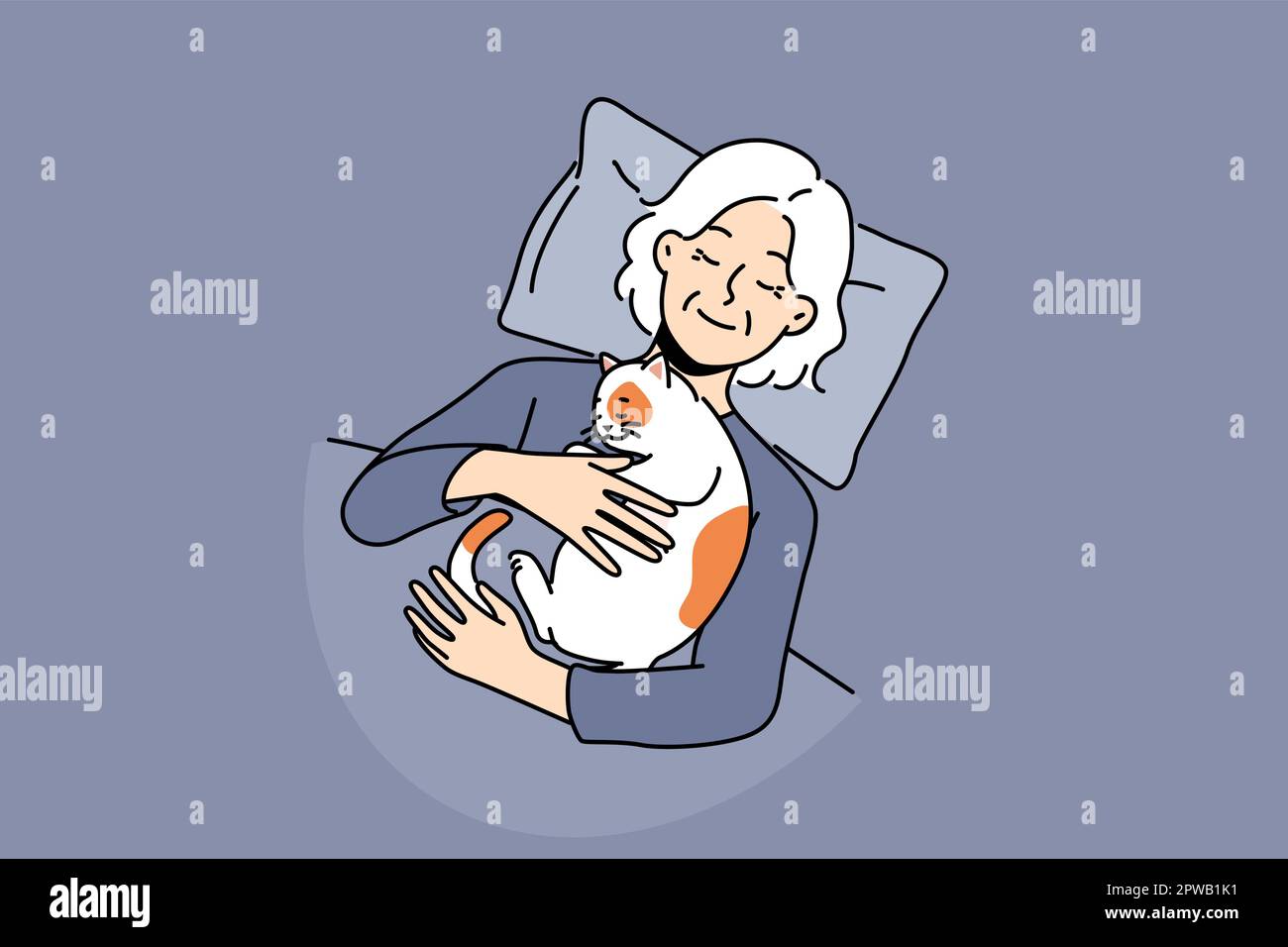 Smiling old woman lying in bed with cat on chest Stock Vector