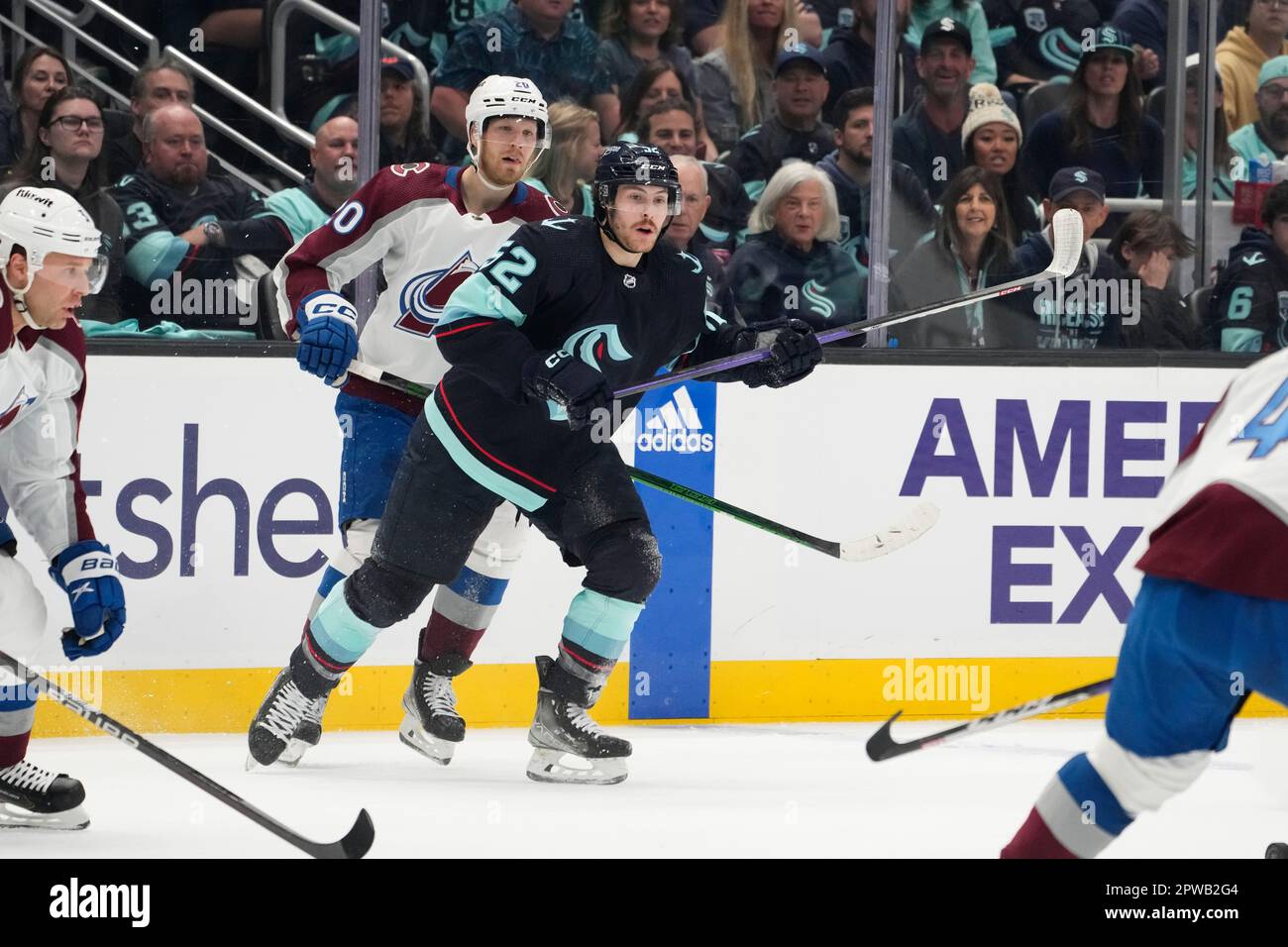 Seattle Kraken left wing Tye Kartye (52) looks on against Colorado