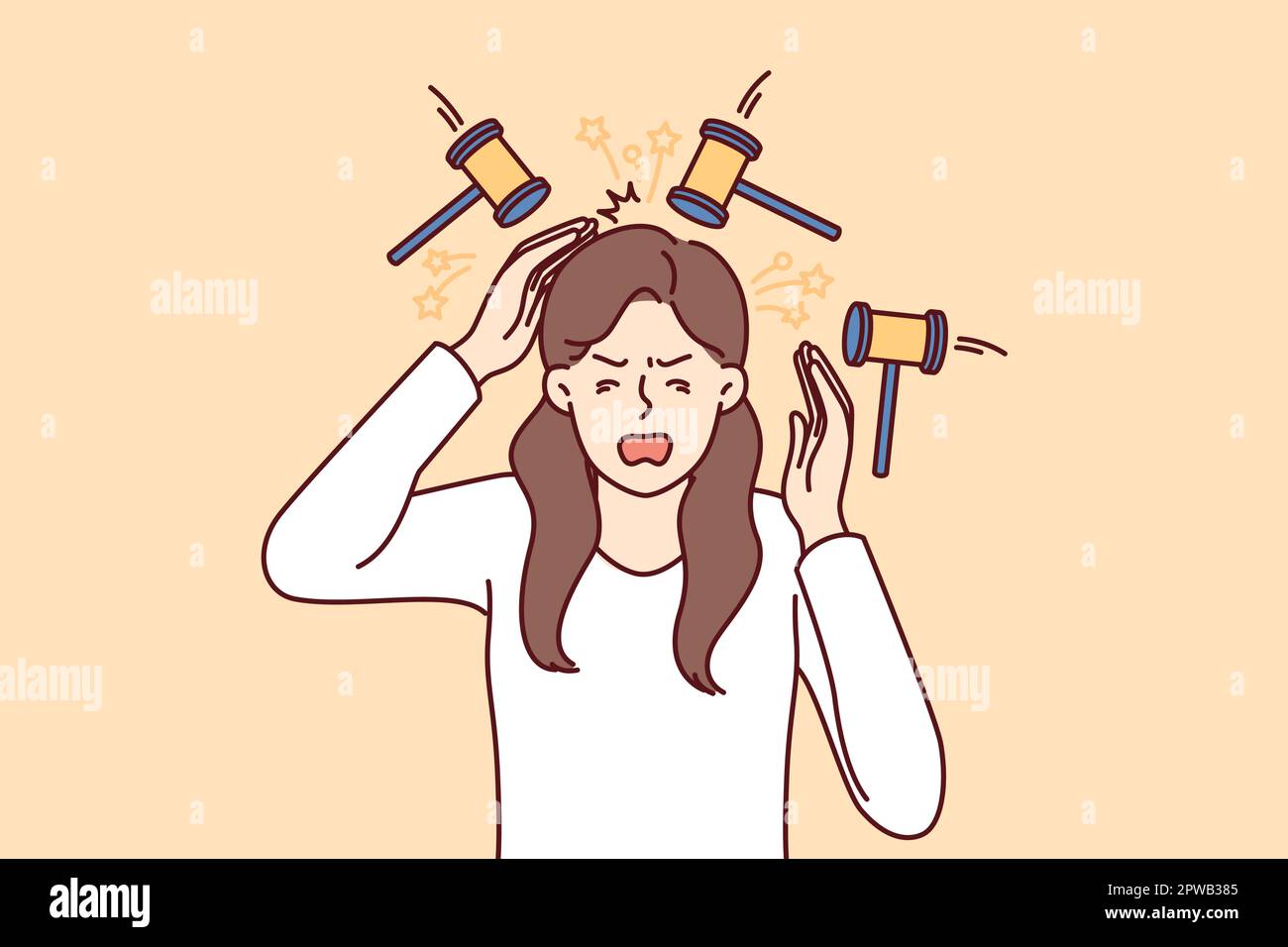 Upset woman experiencing headache standing among hammers symbolizing