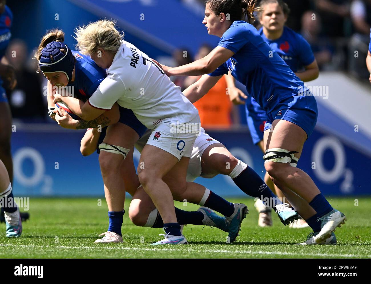 Twickenham, United Kingdom. 29th Apr, 2023. England V France TikTok Womens 6 nations Twickenham Stadium. Twickenham. Charlotte Escudero (France) is tackled by Marlie Packer (England, captain) during the England V France TikTok Womens 6 nations rugby match. Credit: Sport In Pictures/Alamy Live News Stock Photo