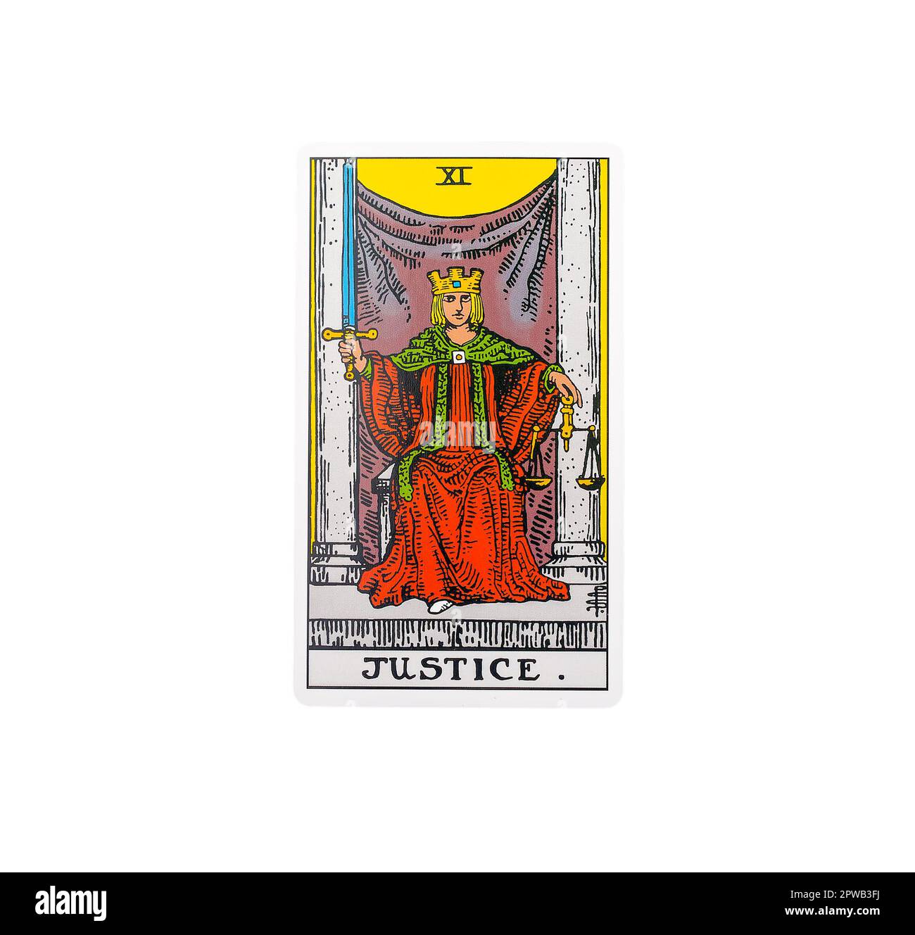Lodz Poland April 15 2023 Justice, single major arcana of tarot card isolated on white background. Stock Photo