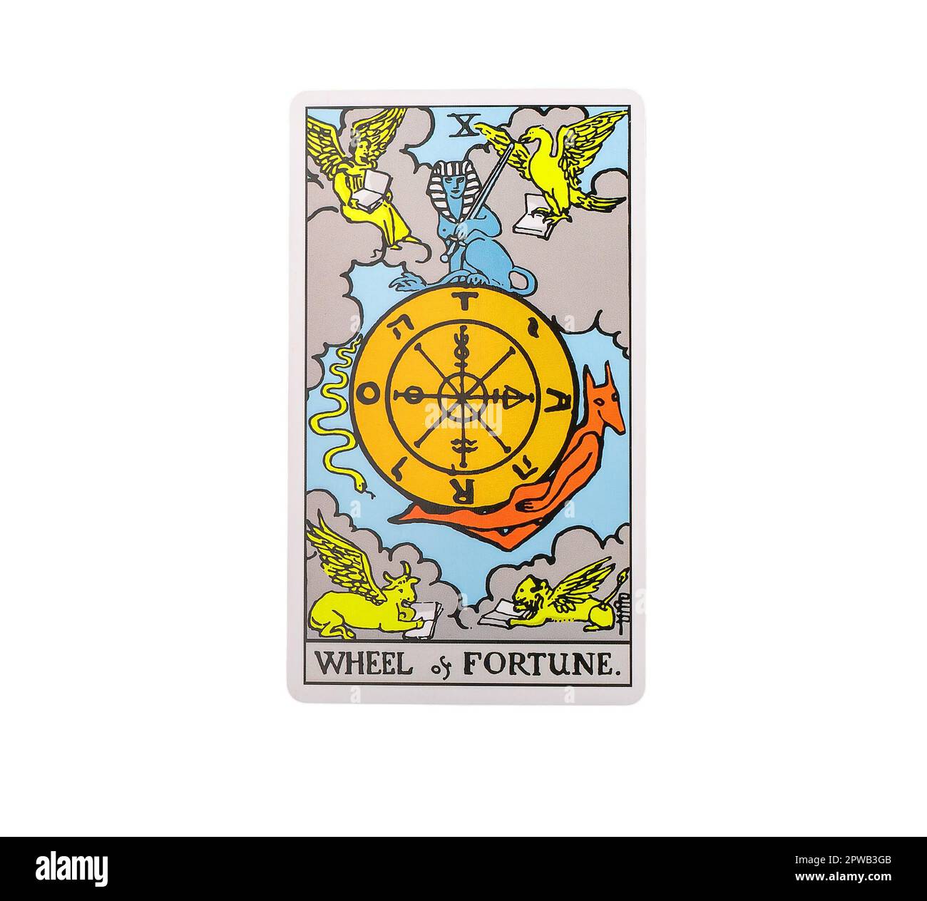 Lodz Poland April 15 2023 Wheel of Fortune, single major arcana of tarot card isolated on white background. Stock Photo
