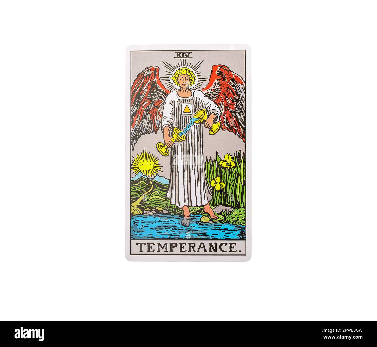 Lodz Poland April 15 2023 Temperance, single major arcana of tarot card isolated on white background. Stock Photo
