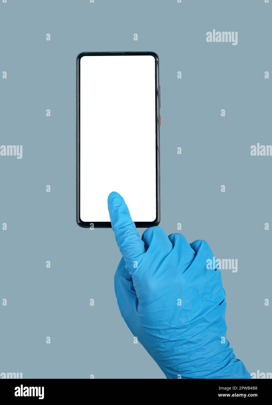 Mobile phone mockup for medical app and finger in glove tapping on screen Stock Photo