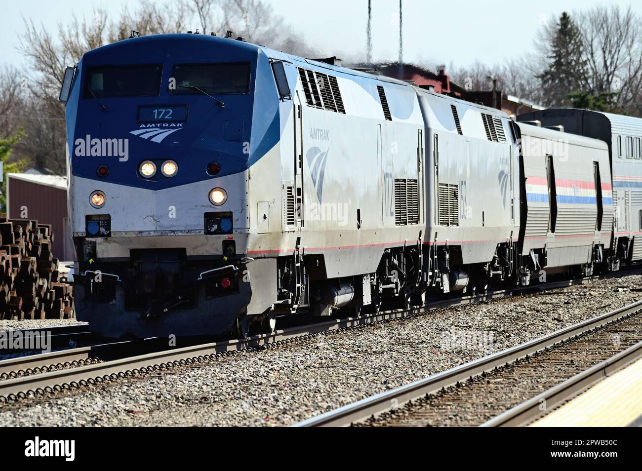 Mendota, Illinois, USA. An Amtrak passenger train passing through a