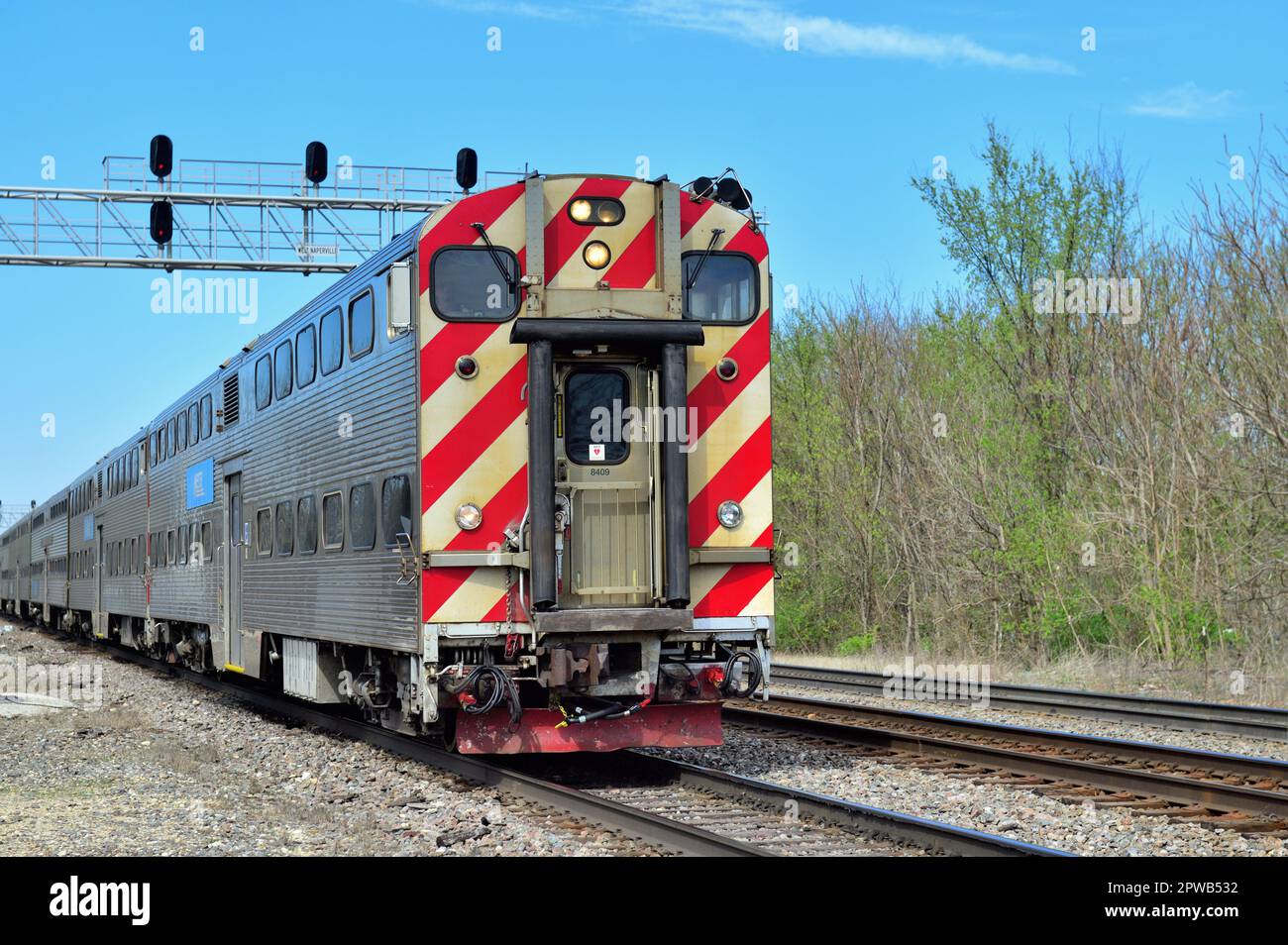Naperville, Illinois, USA. A Metra commuter train prior to arriving at the local suburban Chicago commuter station.I Stock Photo