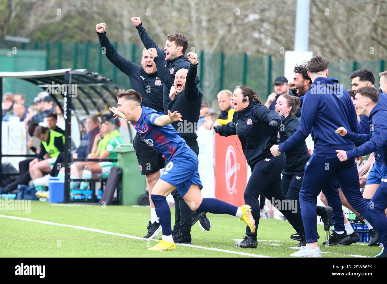 Horsfall Community Stadium, Bradford, England - 29th April 2023 Adam Murray Manager of AFC Fylde celebrates his team winning the league as champions after the final whistle - during the game Bradford Park Avenue v AFC Fylde, Vanarama National League North,  2022/23, Horsfall Community Stadium, Bradford, England - 29th April 2023 Credit: Arthur Haigh/WhiteRosePhotos/Alamy Live News Stock Photo