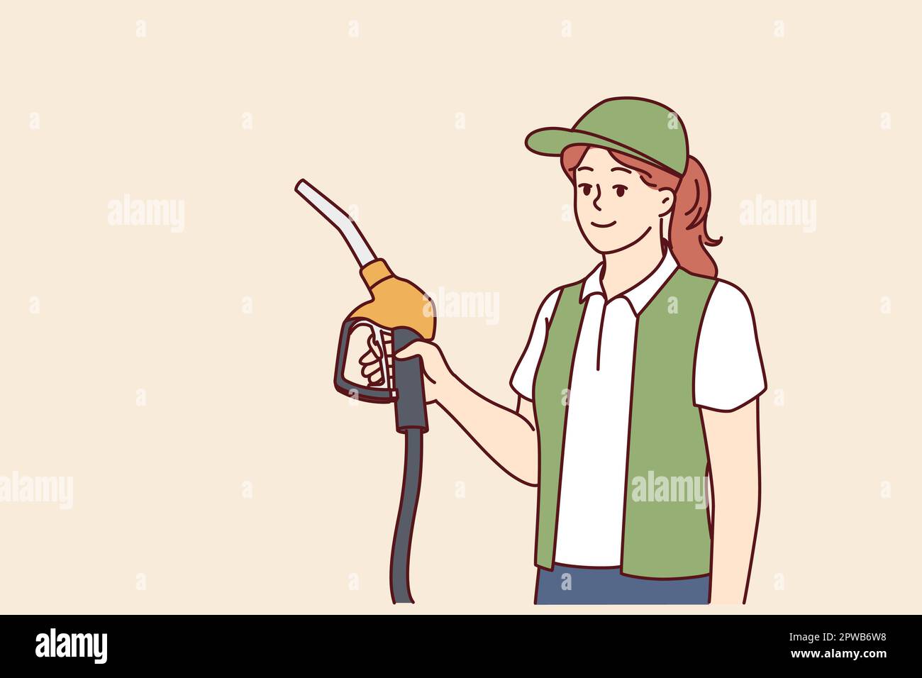 Woman serving customers at refueling station holding nozzles for refilling oil tank Stock Vector