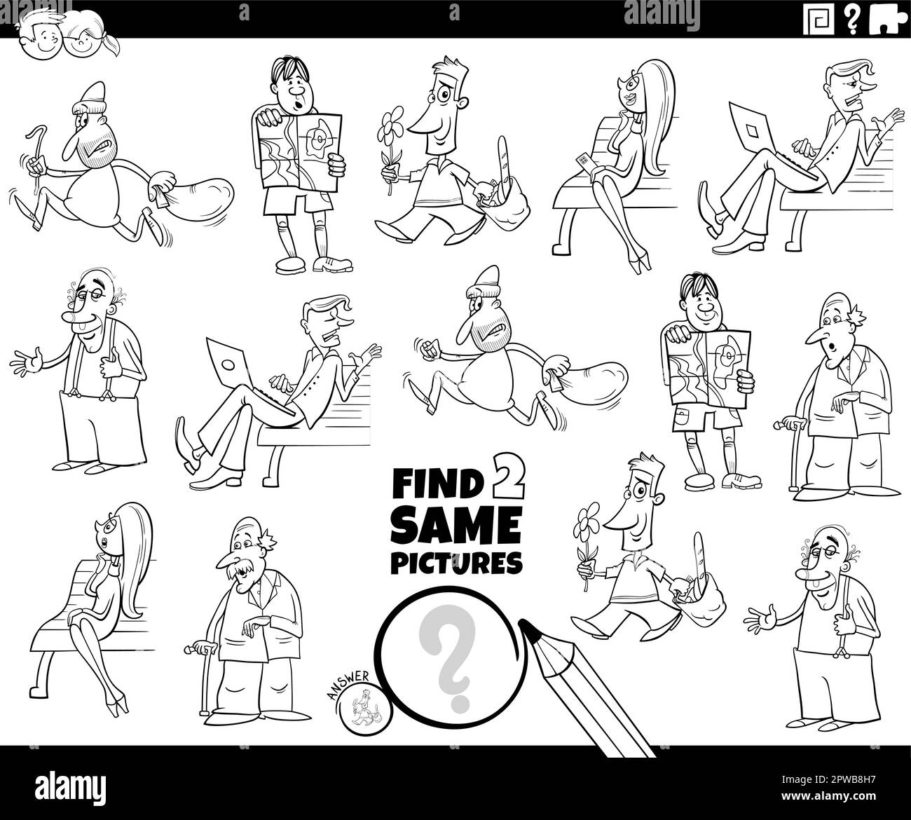 find two same cartoon persons game coloring page Stock Vector