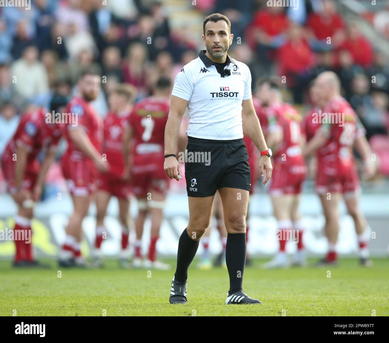 Referee Mathieu Raynal during the ECPR European Challenge Cup semi-final match at the Parc y Scarlets, Llanelli. Picture date: Saturday April 29, 2023. Stock Photo